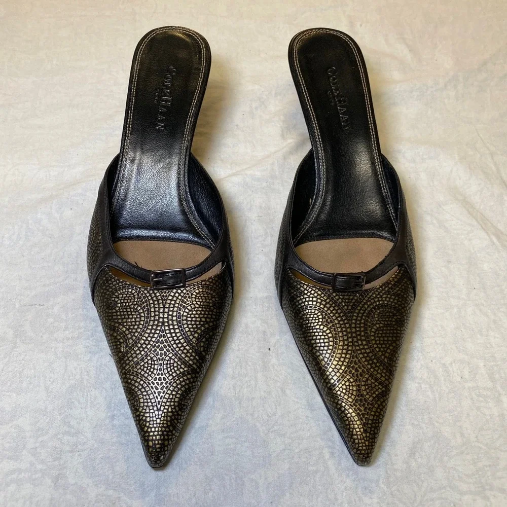 Cole Haan City Women's Mule Heels 9B Bronze Black Leather‎ Pointed Toe
